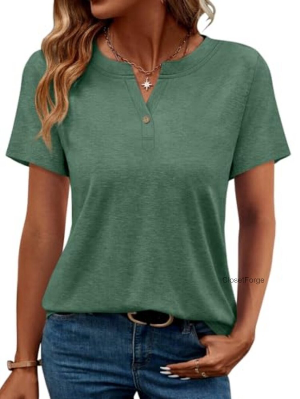 Women's V-Neck Short Sleeve Button Henley T-Shirt Cotton Blend Lightweight